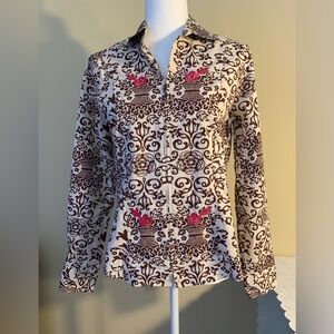 EUC Top: Zip-Up, Floral Brown-on-Tan w Pops of Pink, Fitted